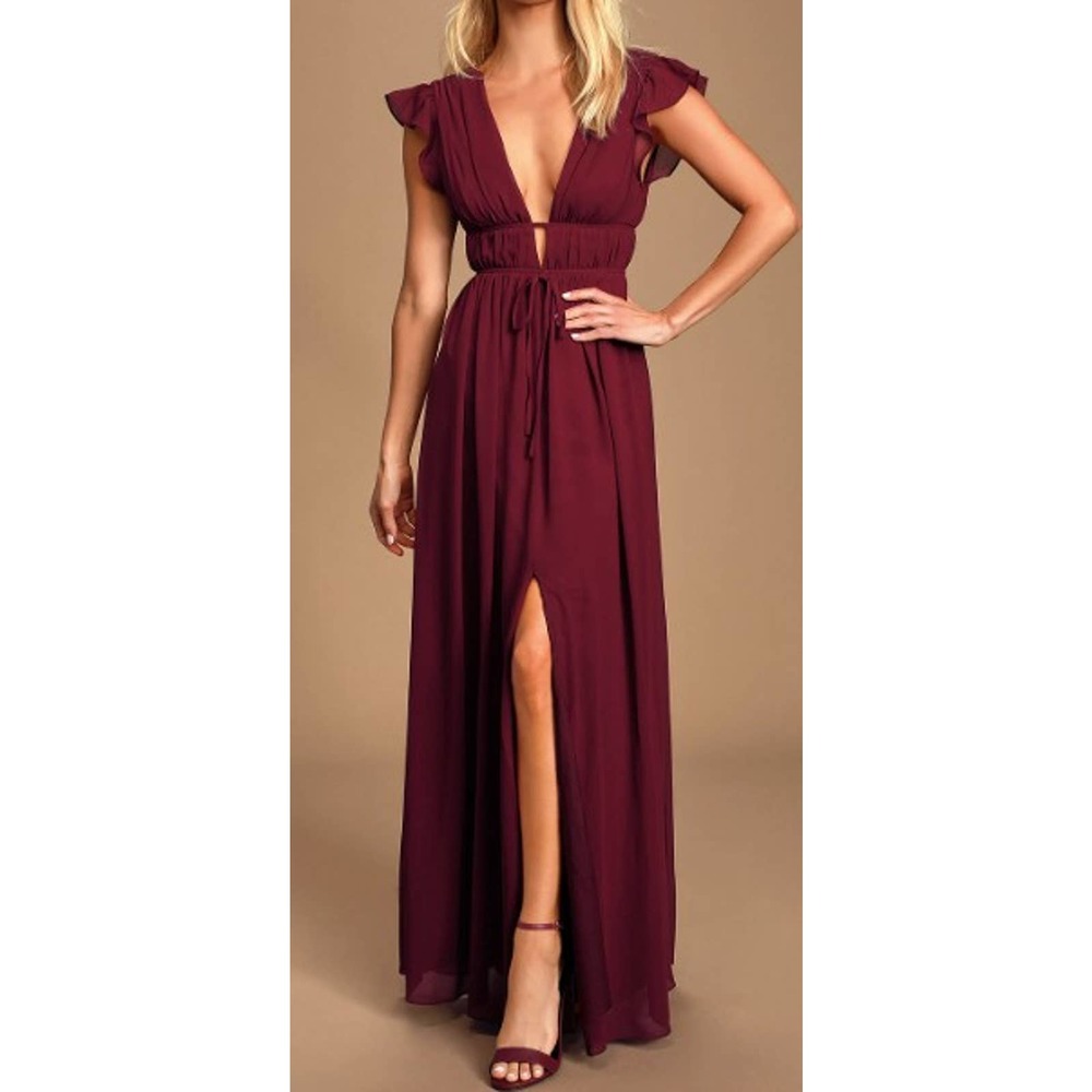 LULU'S SZ S I'm All Yours Burgundy Ruffled Maxi Bridesmaid Long Dress NEW B55